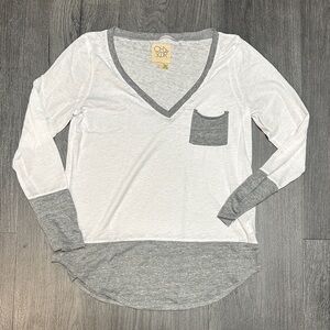 Chaser White and Gray V-Neck Long Sleeve Top